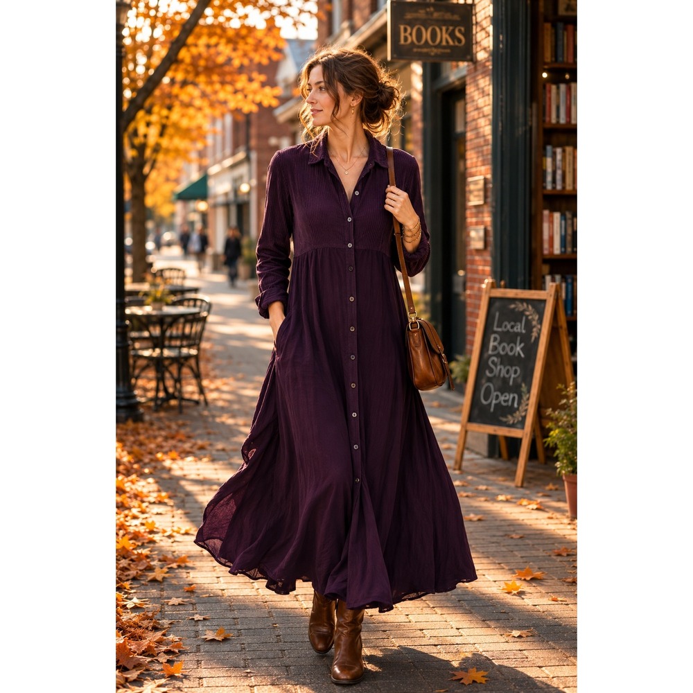 VTG! 90s Studio Ease‎ Purple Tencel Maxi Shirt Dress Womens 8 Long Sleeve Boho